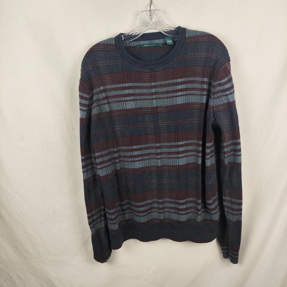 Perry Ellis Sweater Mens Large Blue Gray Stripe Knit Crewneck Pullover Casual
